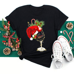 Merry Christmas Wine Glass T-shirt 圣诞节红酒杯印花短袖T恤女