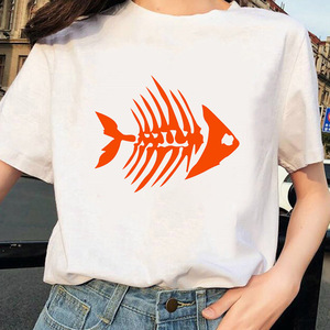 Fish Printed Women T shirt 时尚鱼骨头印花男女情侣T恤百搭上衣