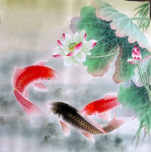 无款画芯手绘四尺斗方工笔荷花鱼花鸟国画家居装饰字画v1041511