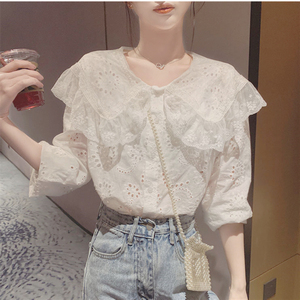 春夏季新款蕾丝衬衣设计感小众白色镂空上衣娃娃领外搭开衫衬衫女