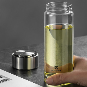 明霞单层玻璃杯泡茶车载家用透明带盖防漏400ml男女水杯特价促销