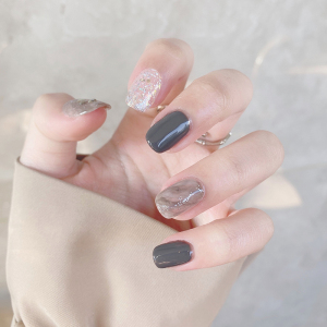 淳贵人高冷气质显白灰色大理石晕染美甲成品 四季百搭假指甲贴片