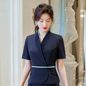 高端女装套装大牌金六福店员工作服蓝色珠宝黄金店美容师职业装夏