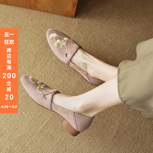 非侈Feichi 新中式圆头刺绣花朵浅口单鞋女时尚气质百搭粗跟鞋
