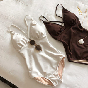 特价女游泳衣韩国版网红新款白色咖啡色露背显瘦性感温泉泳装连体