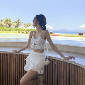 特价白色镂空三件套三角女韩泳衣比基尼蕾丝显瘦分体裙式性感沙滩