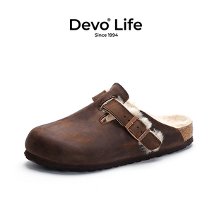 Devo/的沃软木拖鞋包头加毛加绒保暖半包半拖休闲外穿冬女鞋66001