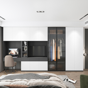 卧室衣柜电视柜一体组合墙背景墙客厅带书桌梳妆台墙柜实木定制