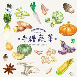 手绘水彩蔬菜田园茄子白菜洋葱绿色健康素食海报免抠png设计素材