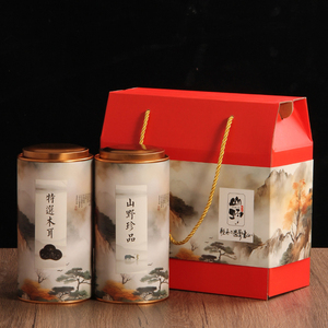 高档红色山珍干货包装盒榛子礼盒空盒松子坚果通用罐装特产桶定制