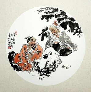 手绘真迹客厅茶室装饰画圆形斗方国画写意人物作品原稿高士品茗图