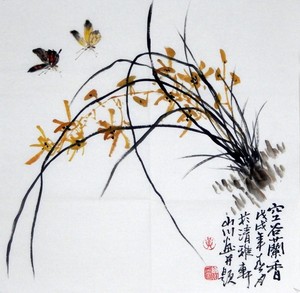 名家手绘真迹水墨画斗方写意花鸟画兰花蝴蝶空谷兰香卧室装饰挂画