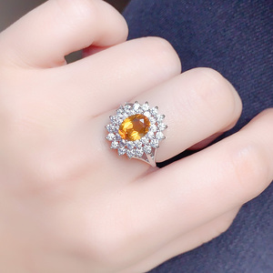 天然芬达色高级黄水晶戒指指环开口戒女戴妃款925纯银镶色戒同款