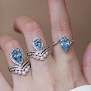 经典水滴皇冠约瑟芬海蓝宝戒指18k金钻石镶嵌接珠宝定制