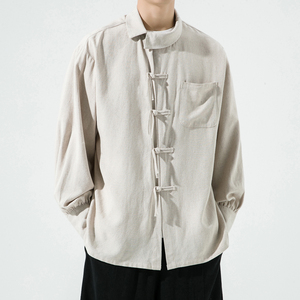 中国风复古麻布唐装衬衣男女新中式盘扣设计感斜领长袖衬衫外套潮