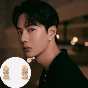 通体s925纯银银饰玫瑰金色王一博同款coco小香风镶嵌钻菱格纹耳环