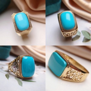 湖北十堰天然原矿绿松石马鞍方形面包戒指18k金镶中性款男女同款