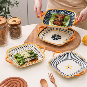 北欧正方形双耳盘好看的盘子菜盘家用高级感2023新款陶瓷创意餐盘