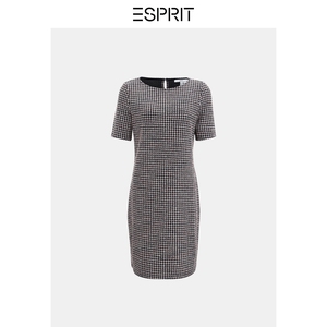ESPRIT连衣裙女2019冬季新款气质格子圆领套头短袖裙子