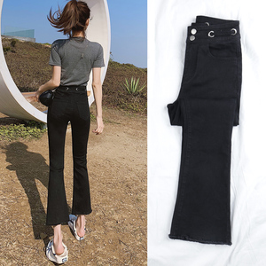 朵品黑色微喇牛仔裤女2024年新款韩版设计感高腰显瘦九分喇叭裤子