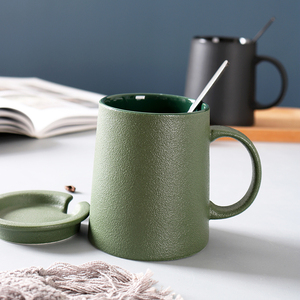 复古风个性磨砂陶瓷马克杯日式家用黑色早餐杯子带盖勺办公室水杯