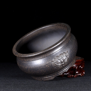 紫砂狮头鼓盆手工复古圆形盆景花盆多肉文竹附石桌面景观陶瓷榕树