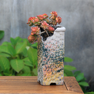 方形编织纹 高豁缺口多肉绿植花盆粗陶桌面加高创意悬崖老桩简约