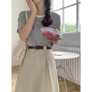 西西里安 小个子奶油色系条纹港风t恤 撞色韩版百搭短袖上衣女