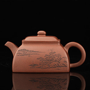 工艺师和石蒋惠刻绘山水筑亭壶 宜兴原矿紫泥壶 全手工紫砂壶精品