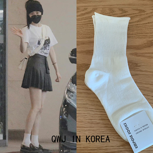 韩国进口杨幂同款白色卷边袜黑色宝蓝色棉袜女中筒袜纯色坑条袜子