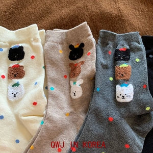 韩国进口彩色波点毛绒动物圣诞袜子可爱减龄节日女袜棉袜中筒袜