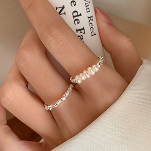 【巷南】925纯银珍珠戒指女款轻奢高级感食指戒小众设计素圈指环