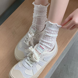 【3双装】白色蕾丝堆堆袜子女春夏中筒袜外穿夏季薄款jk花边长袜