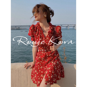 Rouje Kora 复古V领褶皱气质小红裙夏季新款小个子雪纺碎花连衣裙