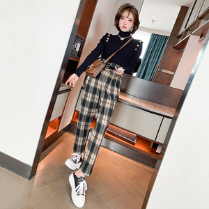 miuco设计感肩扣修身显瘦打底衫 高腰格子裤套装女装2021冬季