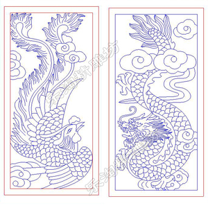 龙凤线雕图plt矢量图 墓碑边竖龙凤精雕图 灰度图石雕图jdp文件