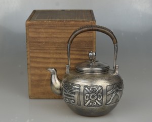 日本茶道具-明治-大正时期 纯银 大吉 纹 银打出 银瓶 老银壶