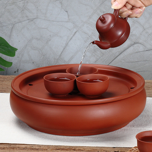 传统潮州家用10寸茶船朱泥圆形储蓄水干泡台茶盘加厚茶海功夫茶具