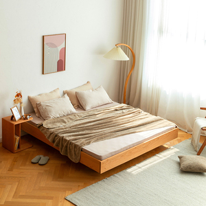 北欧无床头悬浮床樱桃木实木双人床日式简约无靠背带灯榻榻米矮床