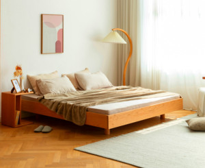 北欧无床头悬浮床樱桃木实木双人床日式无靠背带灯榻榻米矮床定制