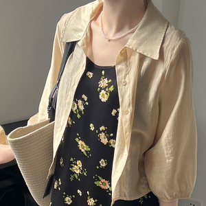 天丝衬衫女夏季韩版薄款七分袖中袖宽松短款上衣防晒开衫外套披肩