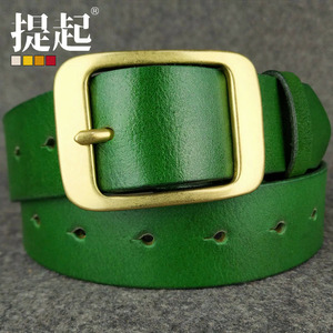 绿色皮带男真皮头层纯牛皮铜扣时尚复古中青年轻人牛仔裤腰带手工