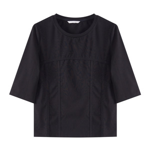 商场同款peoleo2022春季专柜新款飘蕾黑色修身短袖T恤