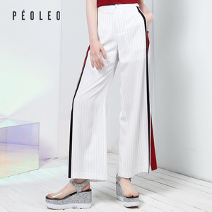 Peoleo飘蕾2019夏装新款时尚休闲条纹撞色长裤女高腰雪