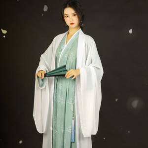 艾香隐原创传统汉服女魏晋风仙气蓝绿交领直裾白色大袖衫套装春夏