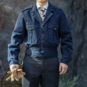 jack gu 英军p37束腰军事男外套短款夹克纯棉磨牛仔深蓝色jg110