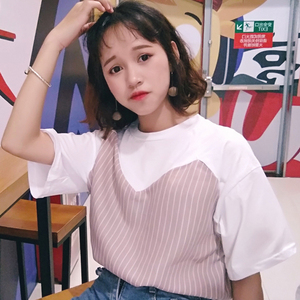 李溪芮孙怡张雪迎快手怪兽李艺微同款条纹拼接假两件短袖t恤女