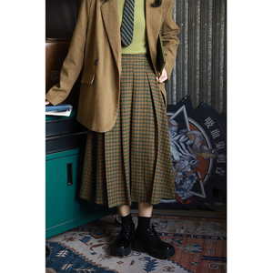 古着配色格子半身裙女秋冬长裙复古显瘦设计感裙中长款a字裙新款