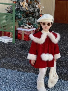 女童红色呢大衣冬装女宝宝圣诞拜年服洋气毛呢加绒外套新年装战袍