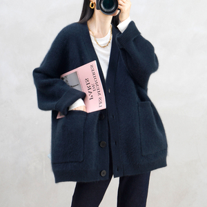 ktwo天使名妆加厚宽松羊毛鹤绒开衫外套2021秋冬季新款羊绒毛衣女